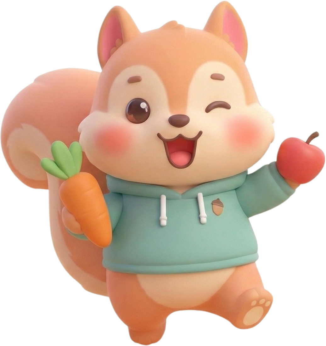 Pico the squirrel holding a carrot and an apple